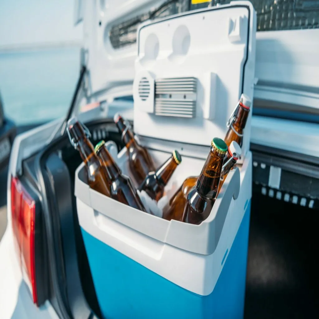 close up view of portable fridge with beer standing in car