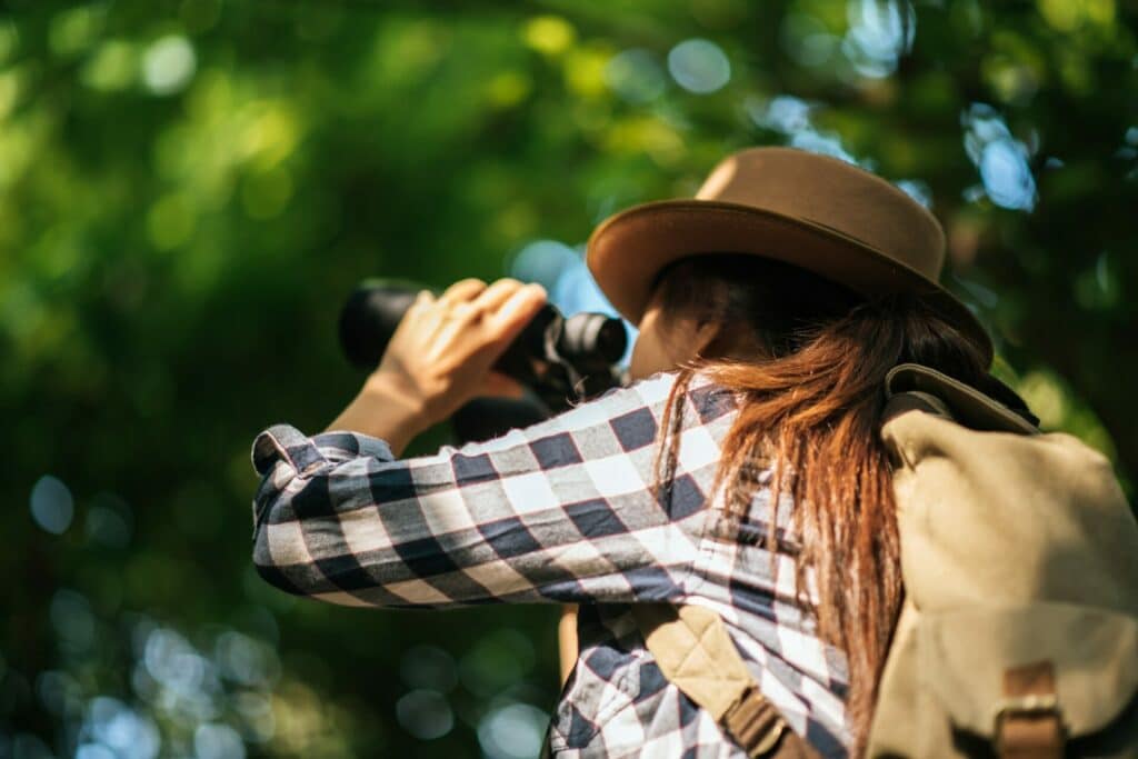 Happy freedom young woman watching wildlife with binoculars in nature park autumn, travel concept.