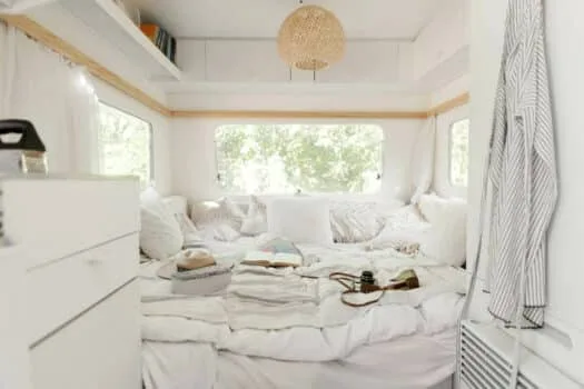 Camping in a trailer, rv bedroom interior, nobody