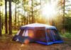 Camping Tent in Woods at Sunrise