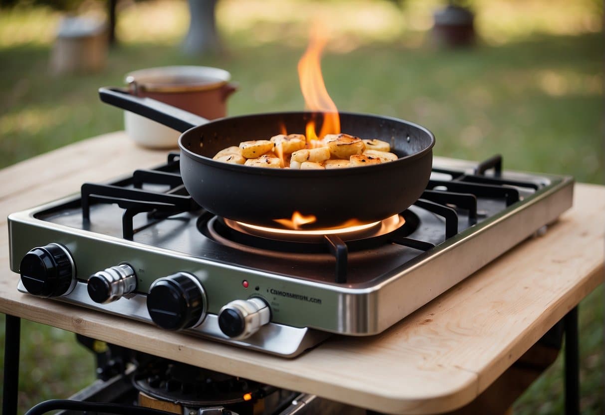 A gas stove sitting on a campsite table, with a propane tank connected and flames igniting from the burners. Nearby, a pot and utensils are ready for cooking