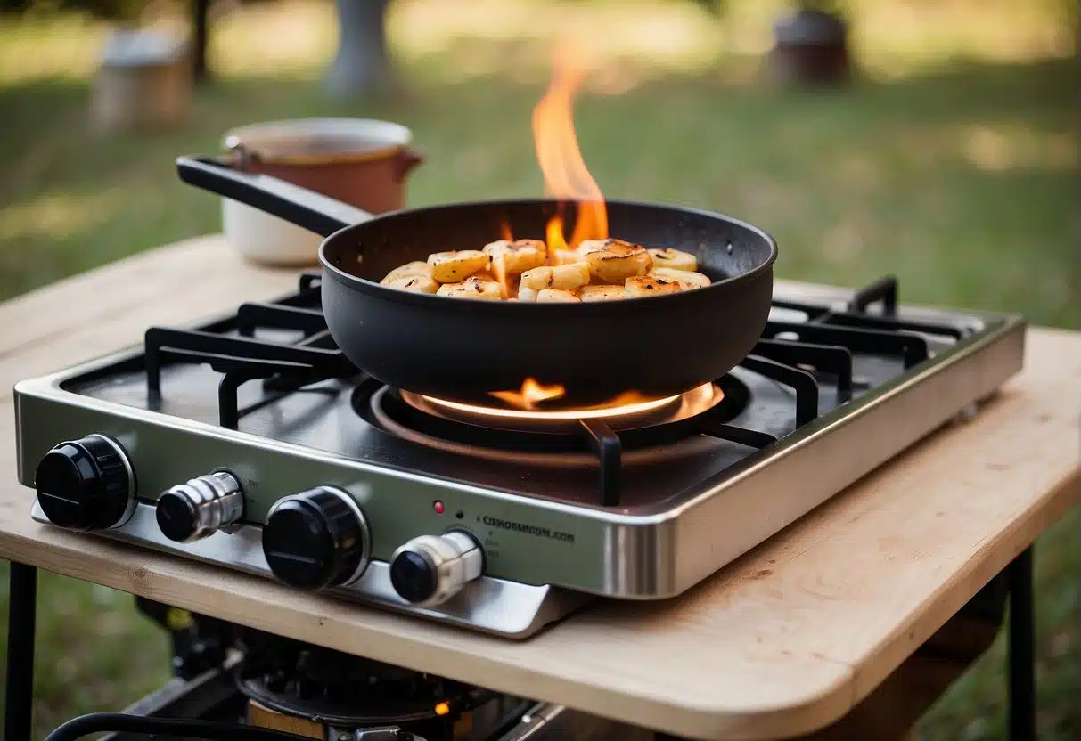 Von Anzünden bis Reinigung: Das A-Z der Gaskocher für Camper 2 A gas stove sitting on a campsite table, with a propane tank connected and flames igniting from the burners. Nearby, a pot and utensils are ready for cooking