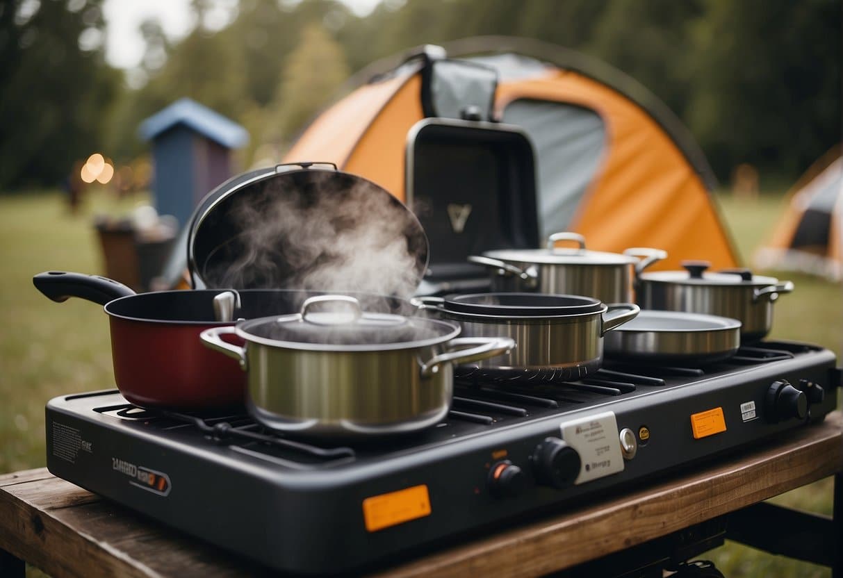 A campsite with a variety of gas cookers and camping accessories neatly arranged from lighting to cleaning, creating a comprehensive A-Z display