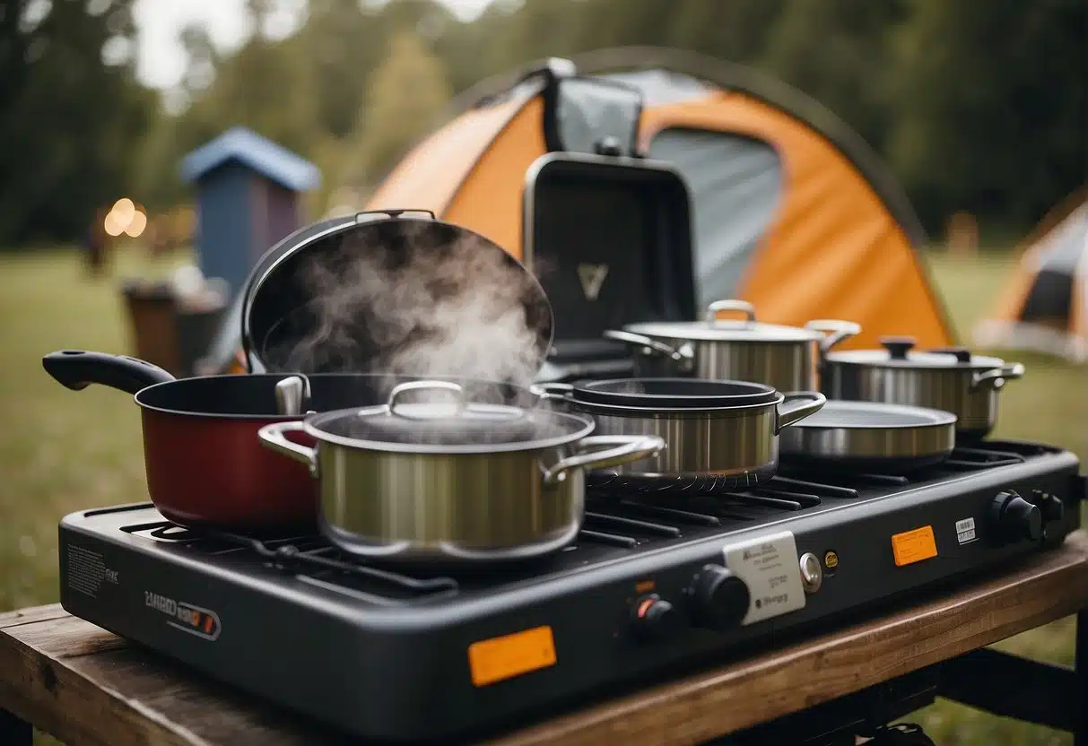Von Anzünden bis Reinigung: Das A-Z der Gaskocher für Camper 4 A campsite with a variety of gas cookers and camping accessories neatly arranged from lighting to cleaning, creating a comprehensive A-Z display