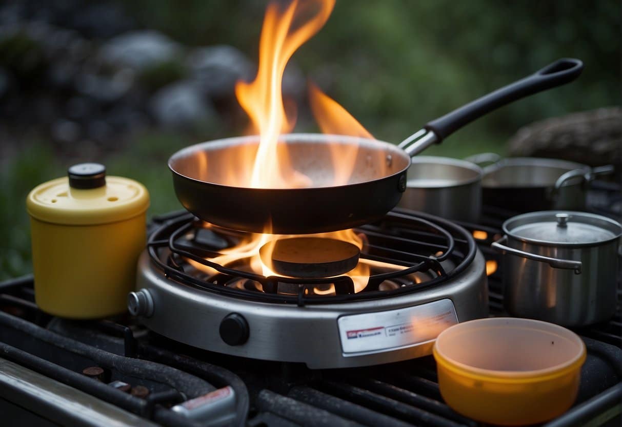 A camping gas stove in use, with a flame being ignited and a pot placed on the burner. Surrounding the stove are various camping utensils and cleaning supplies