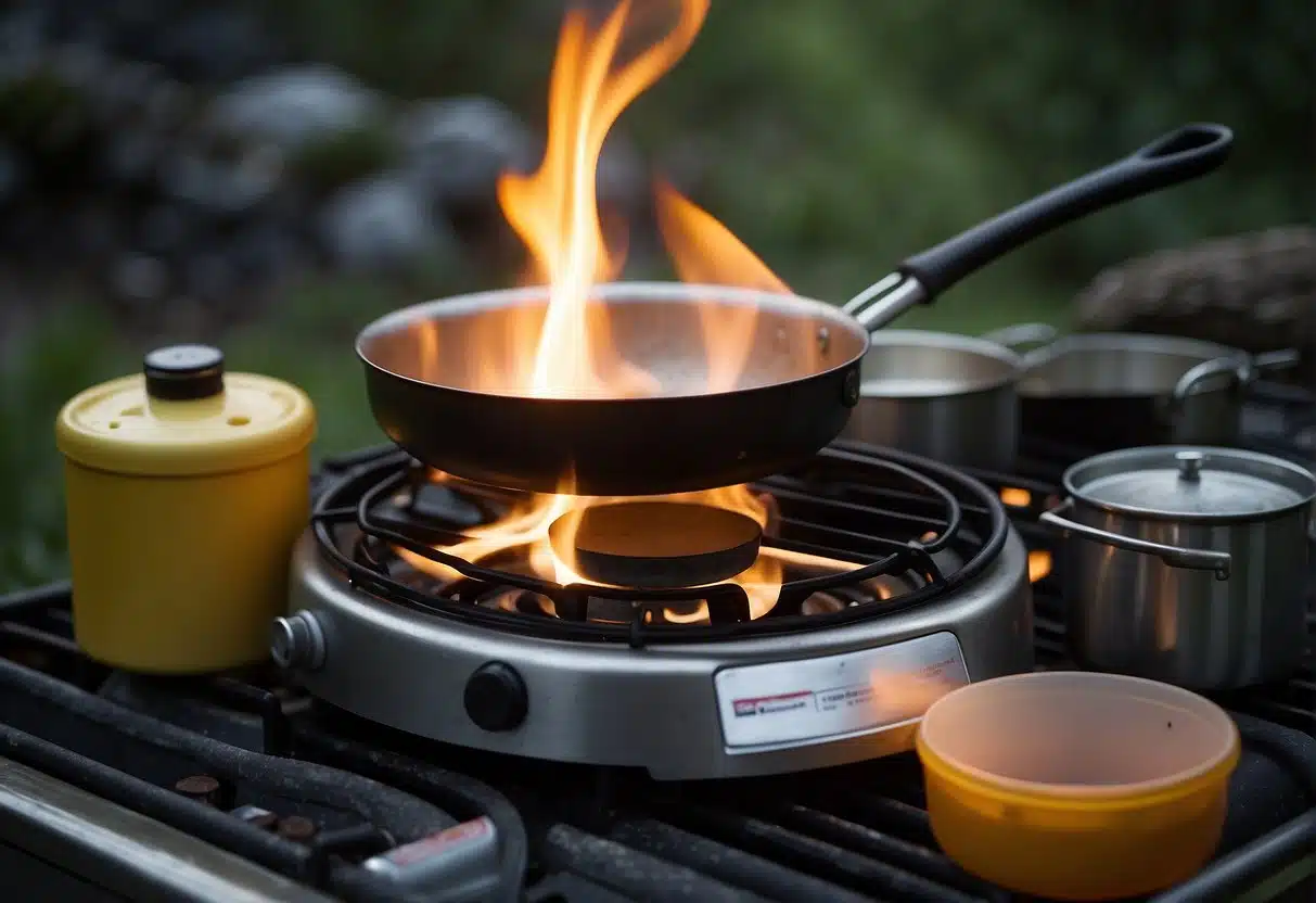 Von Anzünden bis Reinigung: Das A-Z der Gaskocher für Camper 5 A camping gas stove in use, with a flame being ignited and a pot placed on the burner. Surrounding the stove are various camping utensils and cleaning supplies