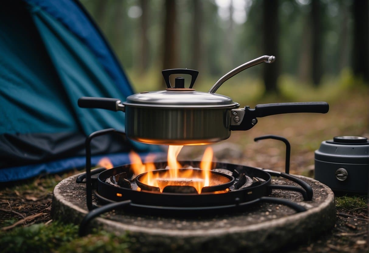 A camping scene with a focus on a gas stove and its accessories