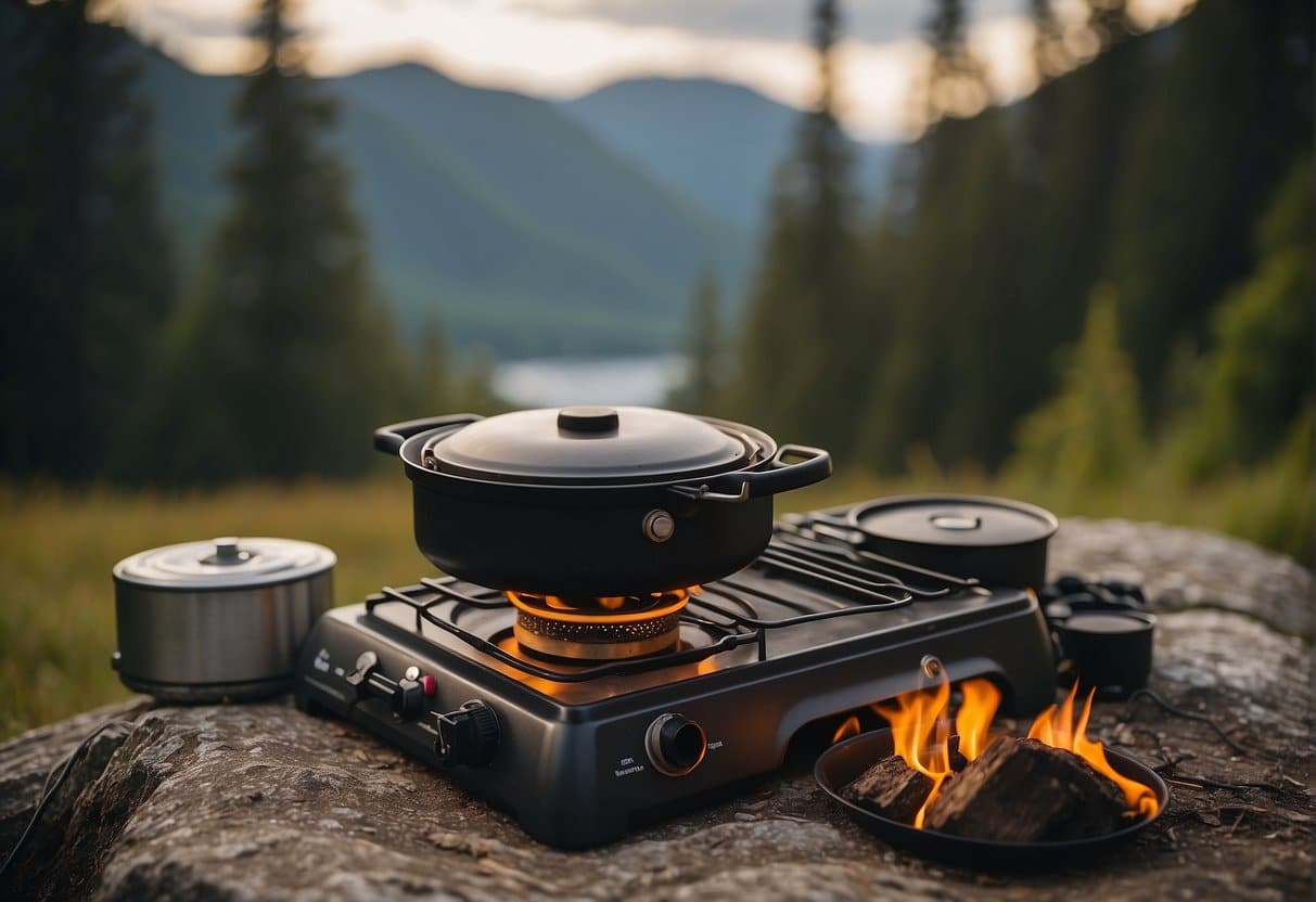A camping stove in focus with surrounding camping gear and nature backdrop