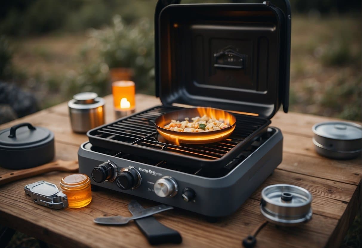 A gas stove stands on a rugged camping table, surrounded by cooking utensils and a fuel canister. A maintenance kit and safety instructions lay nearby
