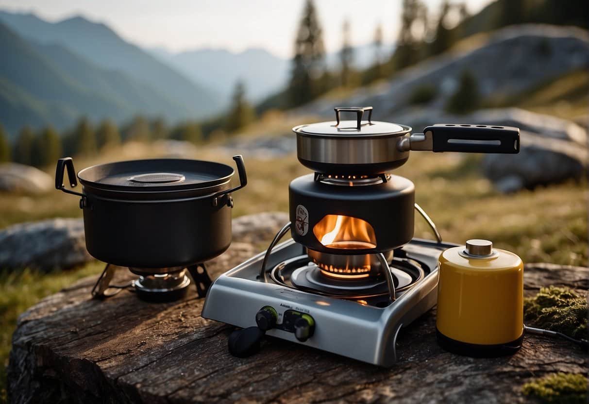 A camping stove in focus, surrounded by camping gear and outdoor scenery