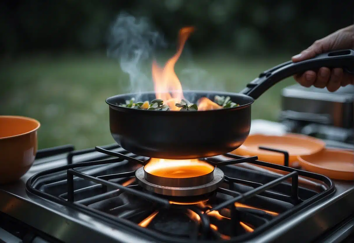 A gas stove in use, with flames burning and a camping pot placed on top. The focus is on the details of the stove, highlighting its features for camping