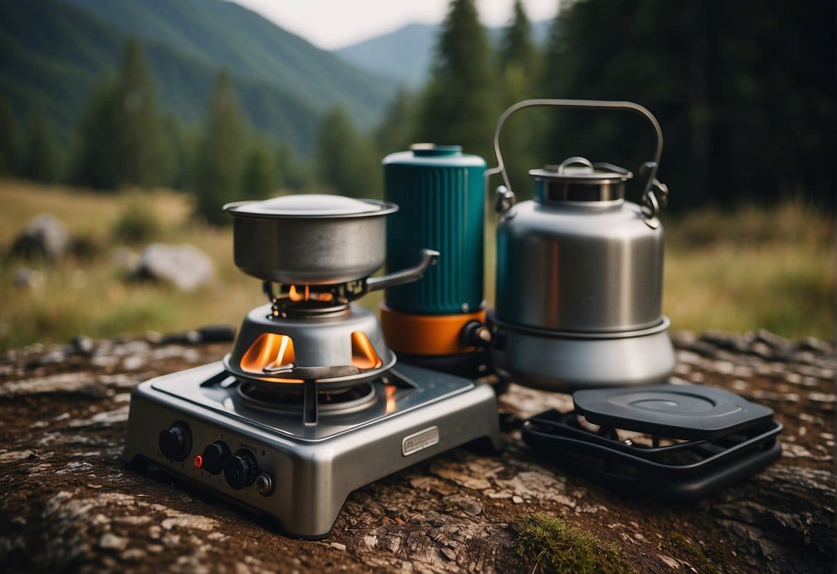 A camping stove with a gas canister, surrounded by camping gear and outdoor scenery