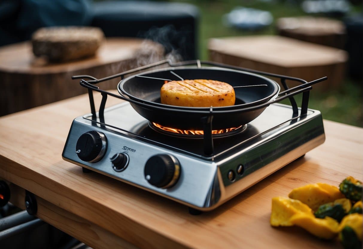 A variety of innovative camping gas stoves are displayed, with focus on their features and functions