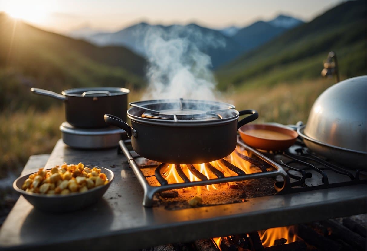 A campsite with a portable gas stove, cooking utensils, and ingredients laid out on a table. A pot is steaming on the stove, and a cozy campfire burns in the background