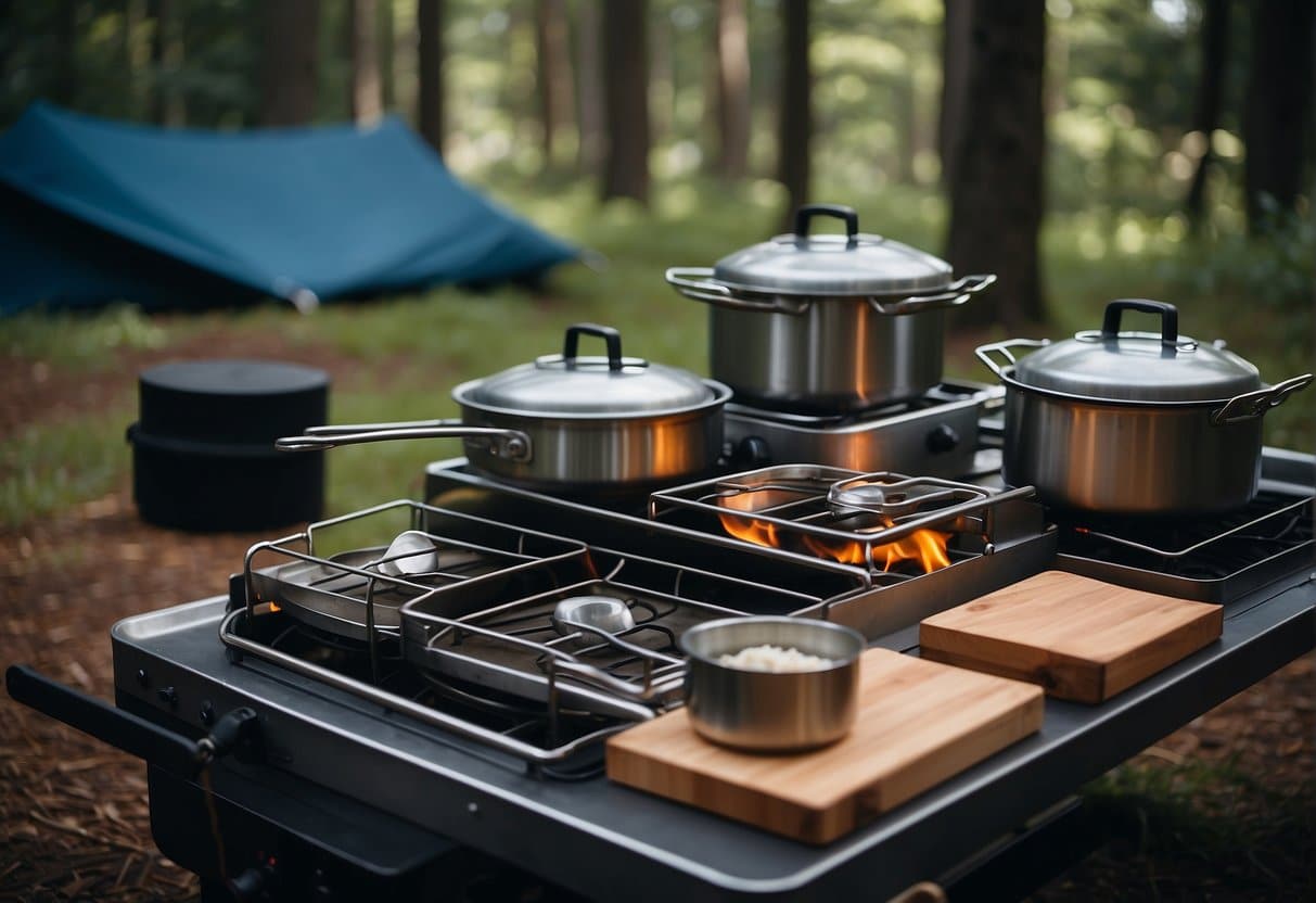 A sustainable camp kitchen setup with a gas stove, cooking utensils, and reusable containers