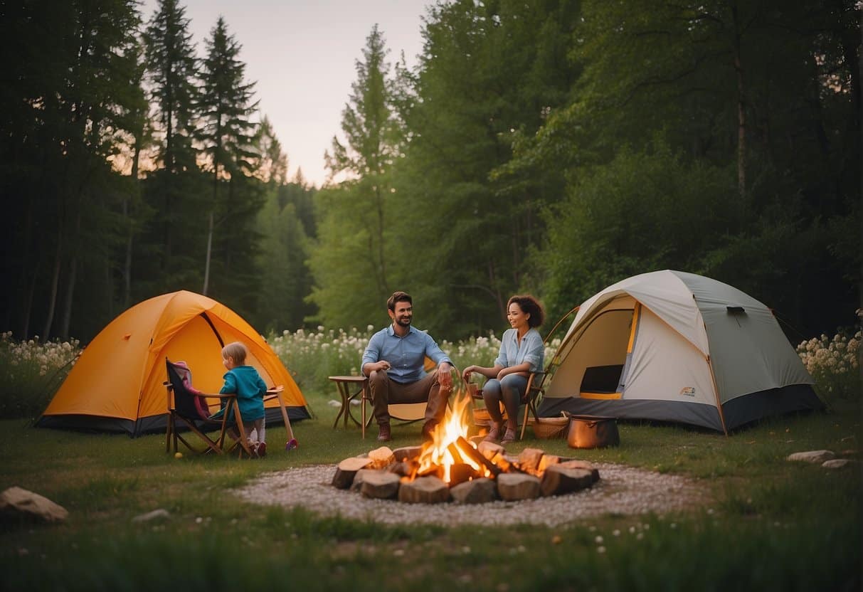 A family camping in the spring, surrounded by blooming flowers and greenery, with a cozy campfire and a colorful tent set up in a peaceful natural setting