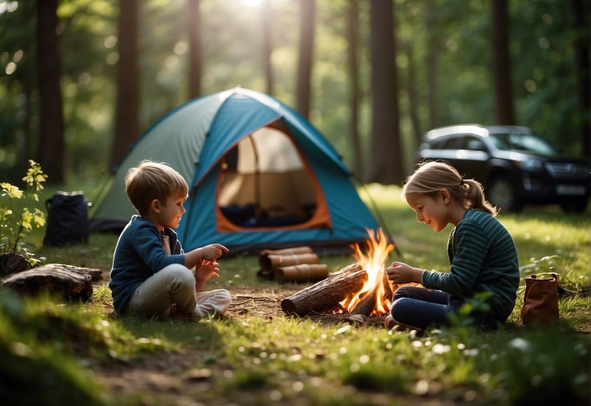 A family sets up a campsite in a lush spring forest, with a tent, campfire, and children playing in the background
