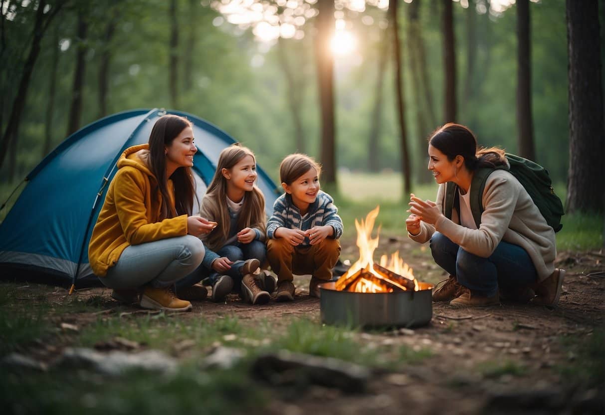 Families enjoying nature camping in spring, depicting social aspects of the experience
