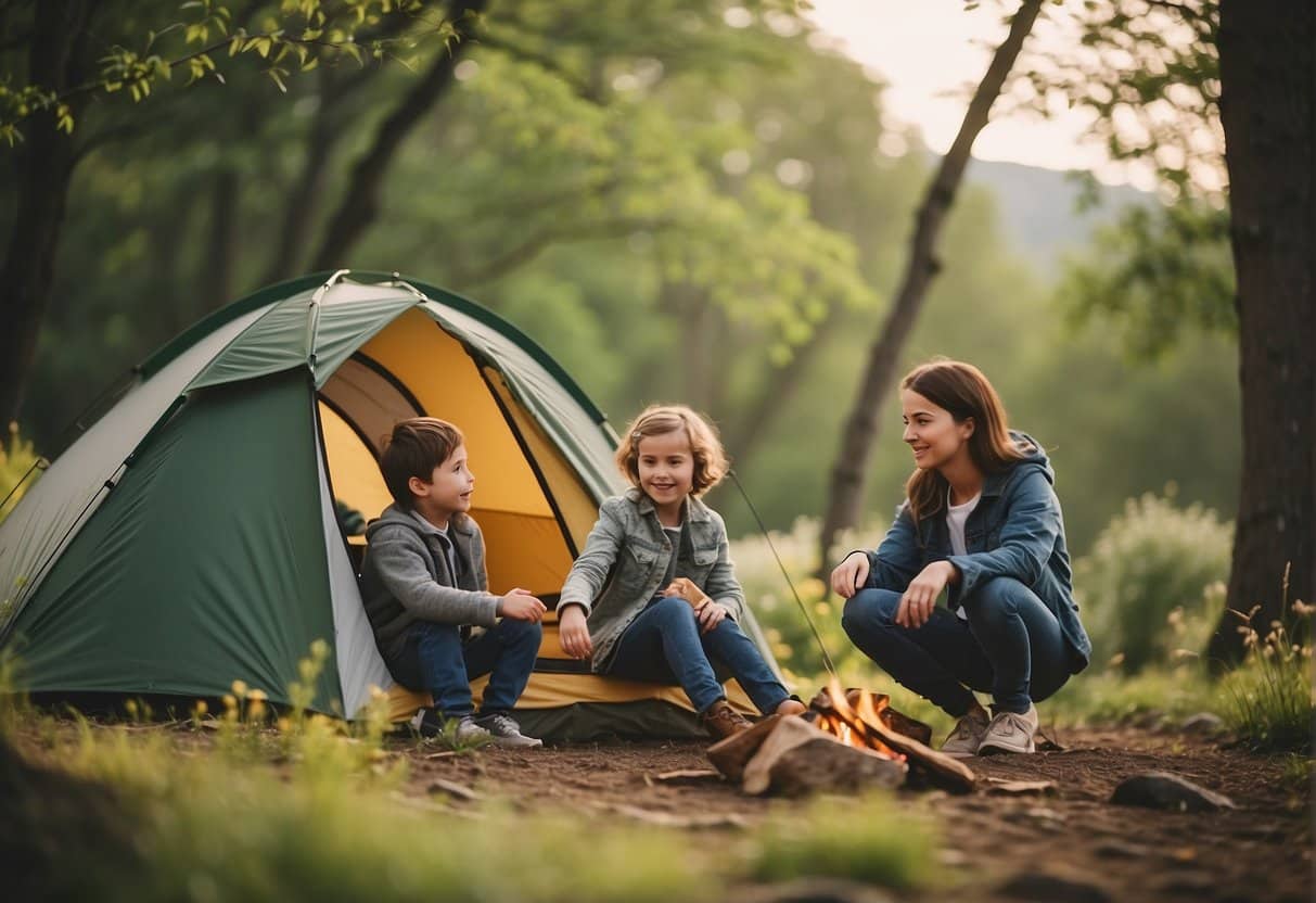 A family camping in spring: children playing outdoors, parents setting up tents, a campfire, and nature surrounding them