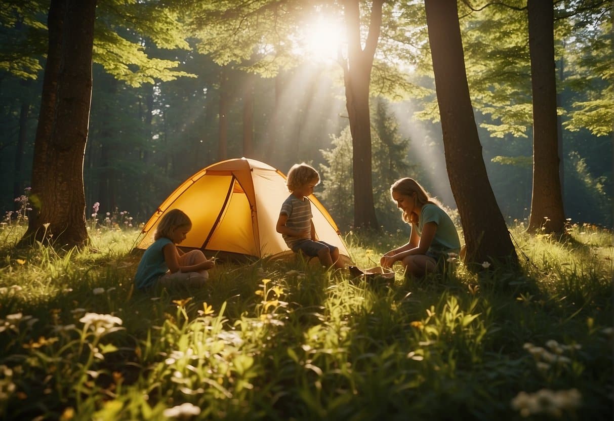 A family sets up a colorful tent in a lush green forest clearing. The sun shines through the trees, casting dappled shadows on the ground. Wildflowers bloom in the grass, and birds flit through the branches