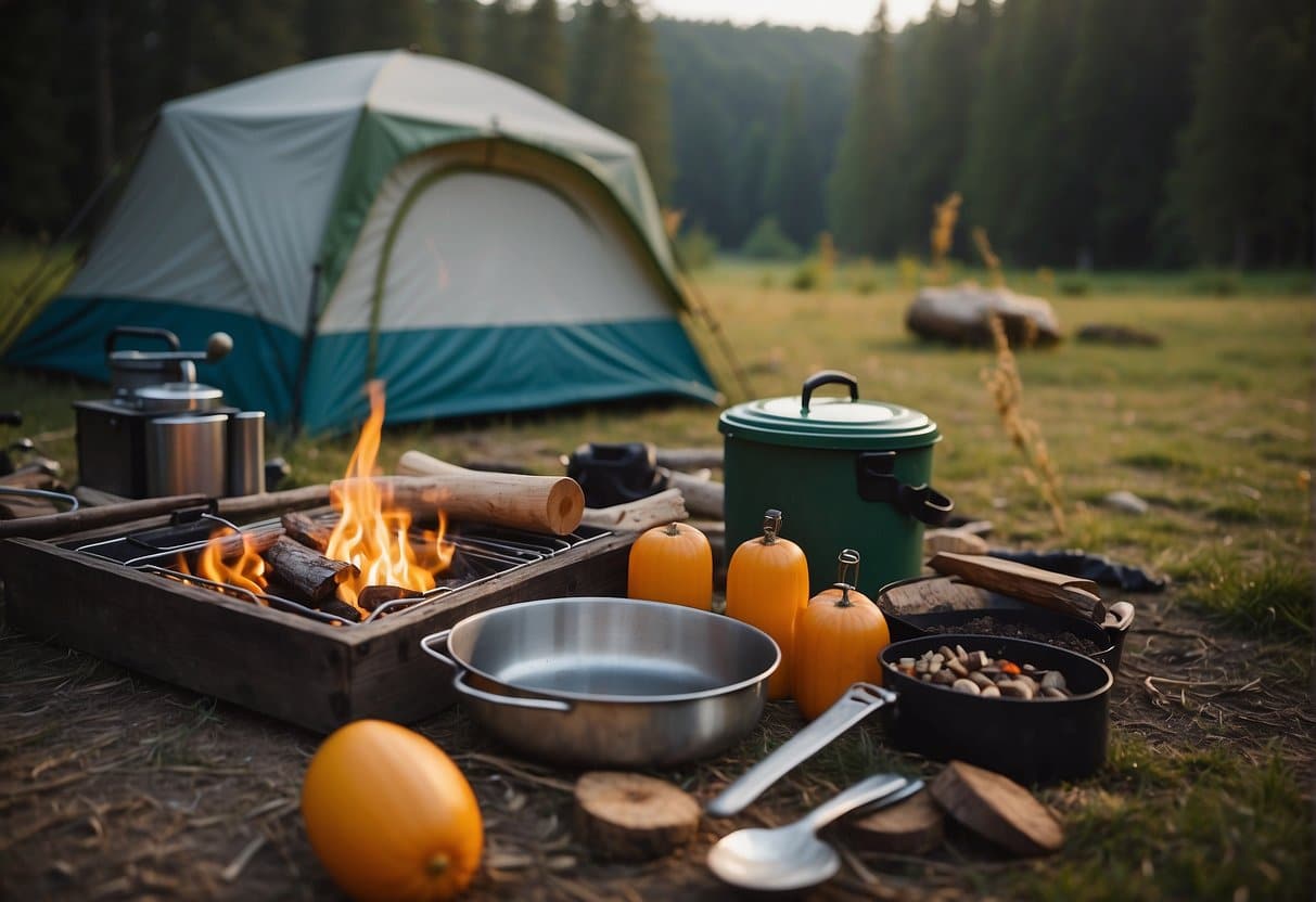 A campsite with reusable utensils, solar panels, and a composting bin. A tent made of sustainable materials and a campfire with eco-friendly logs