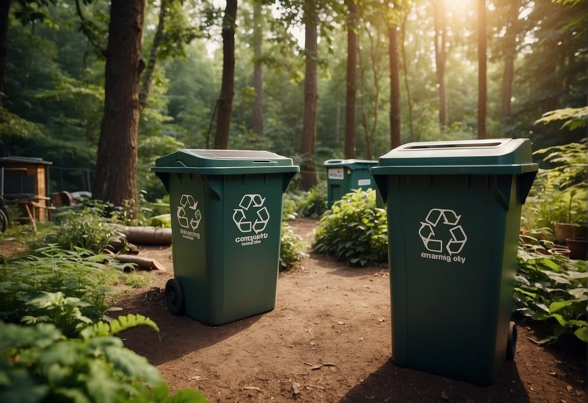 A campsite with labeled recycling bins, solar panels, and composting area, surrounded by lush greenery and wildlife