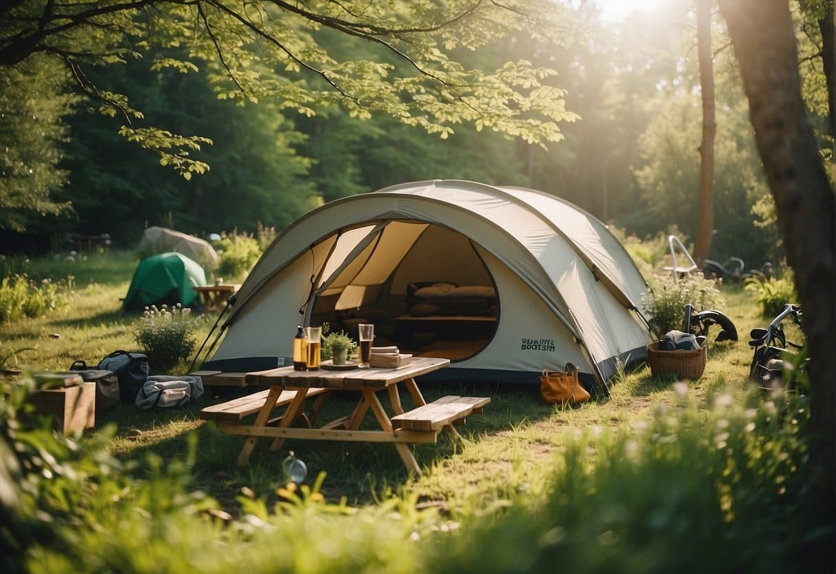 A sustainable campsite with eco-friendly gear and materials, nestled in a lush spring landscape