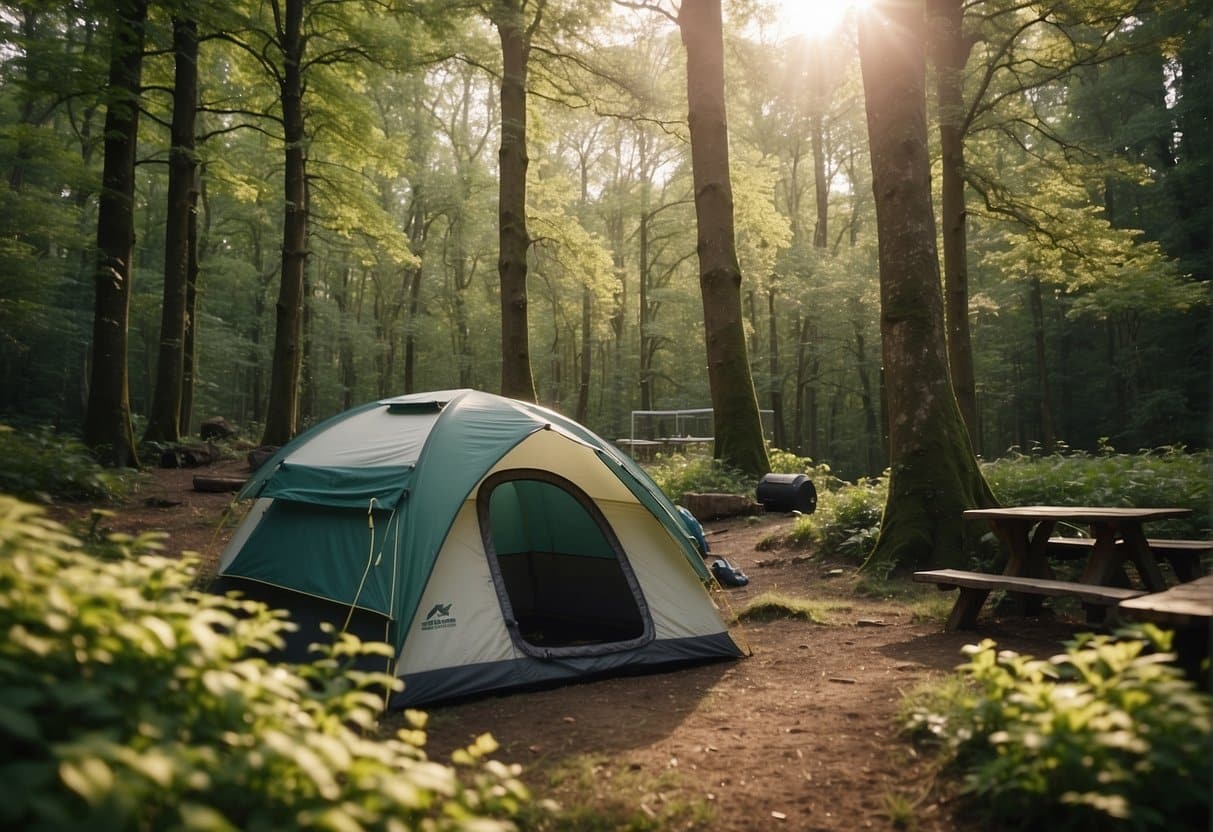 A campsite with a sustainable tent, reusable water bottles, solar-powered lanterns, and a composting toilet surrounded by lush spring foliage
