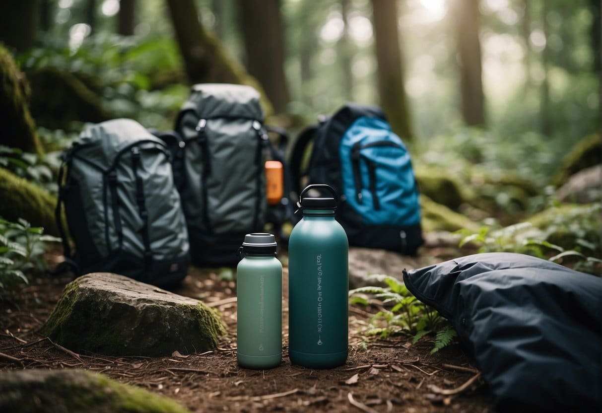 A campsite with eco-friendly gear, reusable water bottles, solar panels, and compost bins surrounded by greenery and wildlife