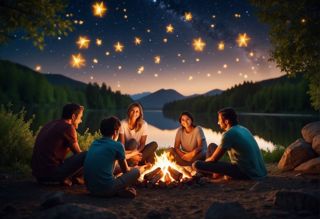 A family sits around a campfire, roasting marshmallows under the starry sky, surrounded by lush green trees and a flowing river