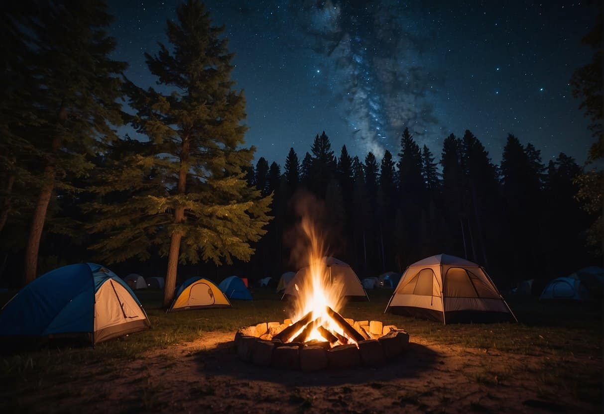 A campfire crackles under a starry sky, surrounded by tents and towering trees. A river glistens in the moonlight, as silhouettes of wildlife roam nearby