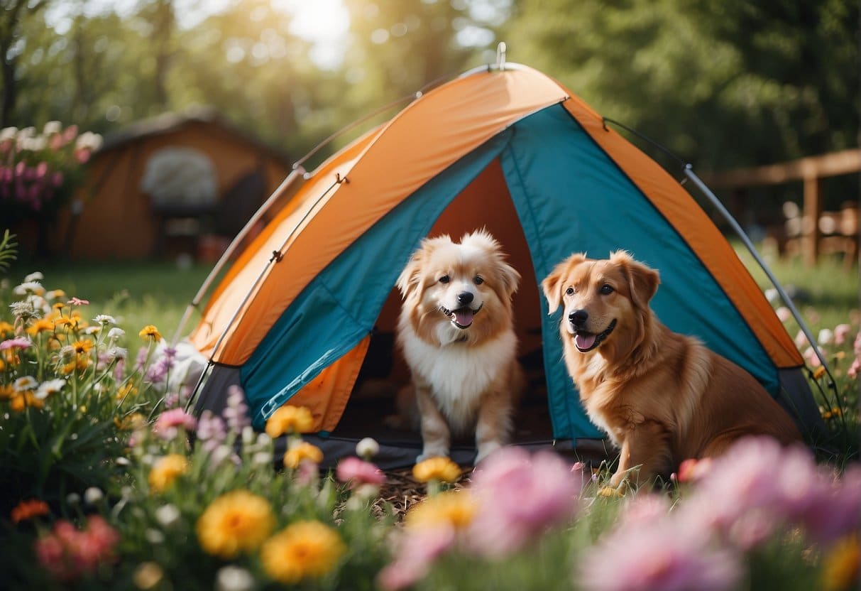 A colorful tent nestled among blooming flowers, with a cozy campfire and a group of friendly pets enjoying the springtime adventure