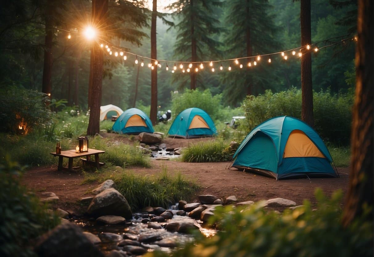 A colorful campsite with tents and a crackling campfire surrounded by lush green trees and a sparkling stream