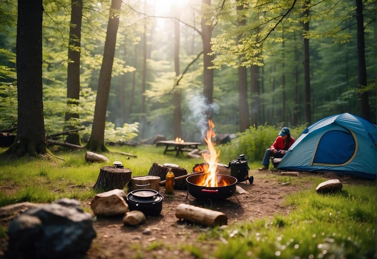 A vibrant spring scene with camping activities in nature, including hiking, fishing, and campfire cooking