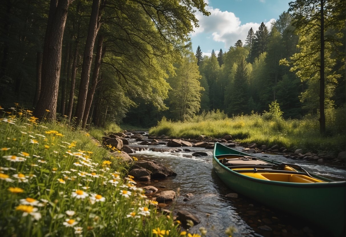 Lush green forest with a flowing river, colorful wildflowers, and a campsite with a cozy fire pit. Canoeing, hiking, and birdwatching activities happening in the background