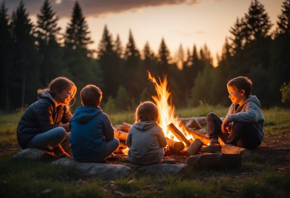 A family sits around a campfire, roasting marshmallows. Children play in the background, exploring the surrounding forest and gathering sticks for the fire. The sun is setting, casting a warm glow over the scene