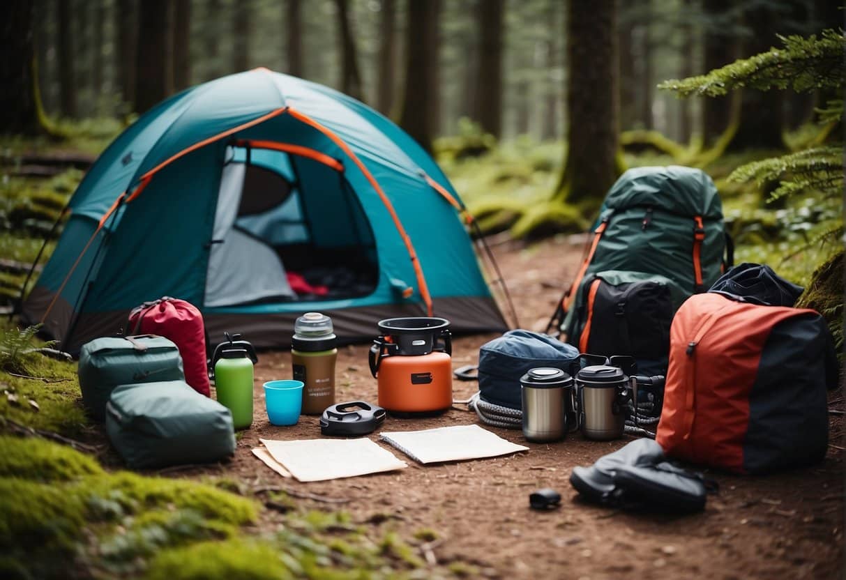 A group of campers gather gear and plan outdoor activities for a spring adventure. Tents and camping equipment are laid out, with maps and hiking boots ready for use