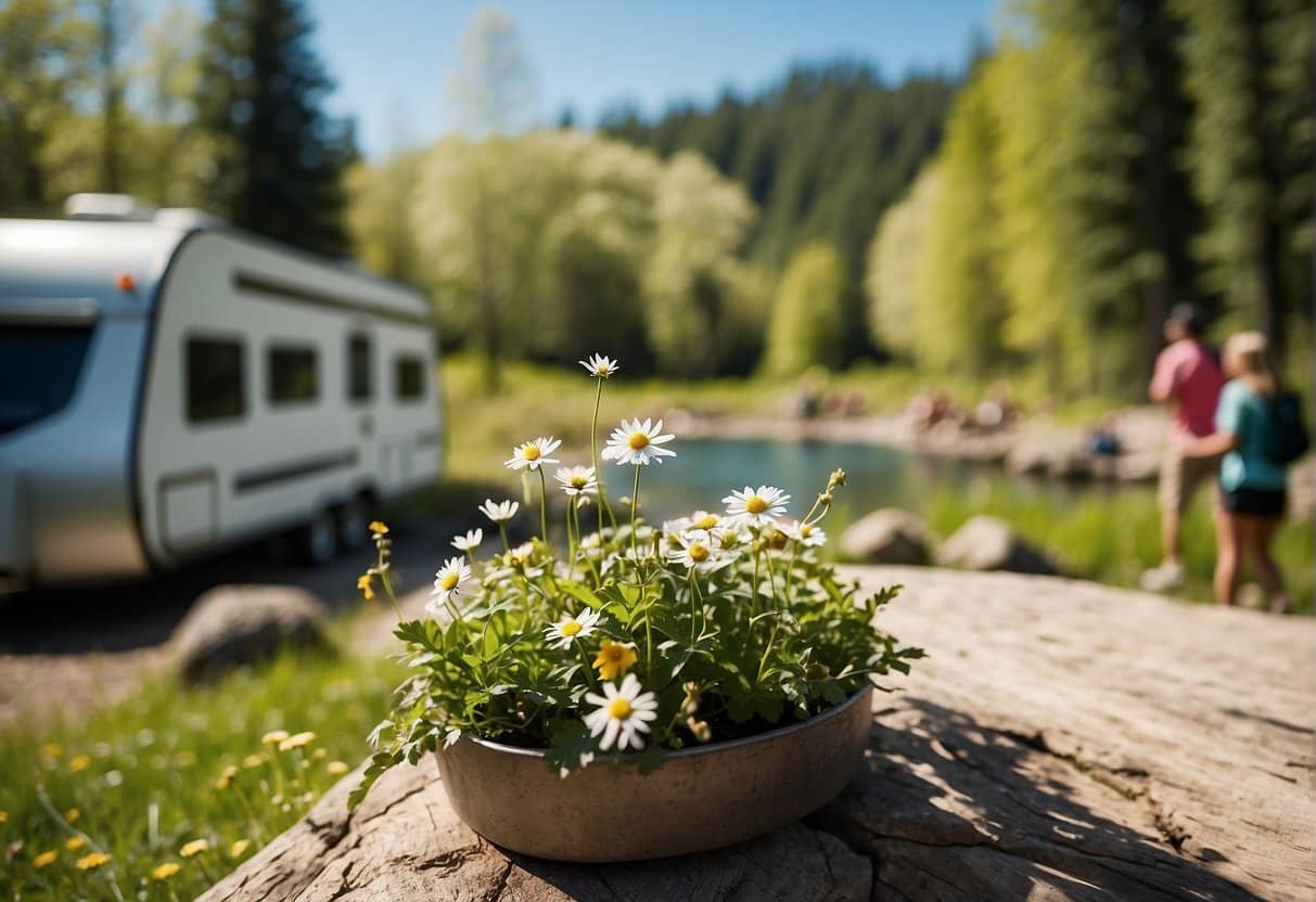 A sunny spring day at a campsite with blooming flowers, green trees, and a clear blue sky. People are seen hiking, fishing, and enjoying outdoor activities