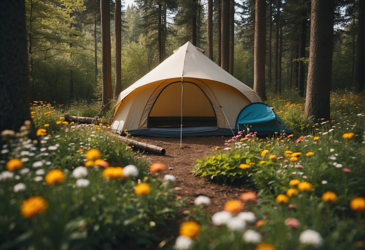 A colorful camping scene with a tent, campfire, hiking trail, and blooming flowers in a spring forest