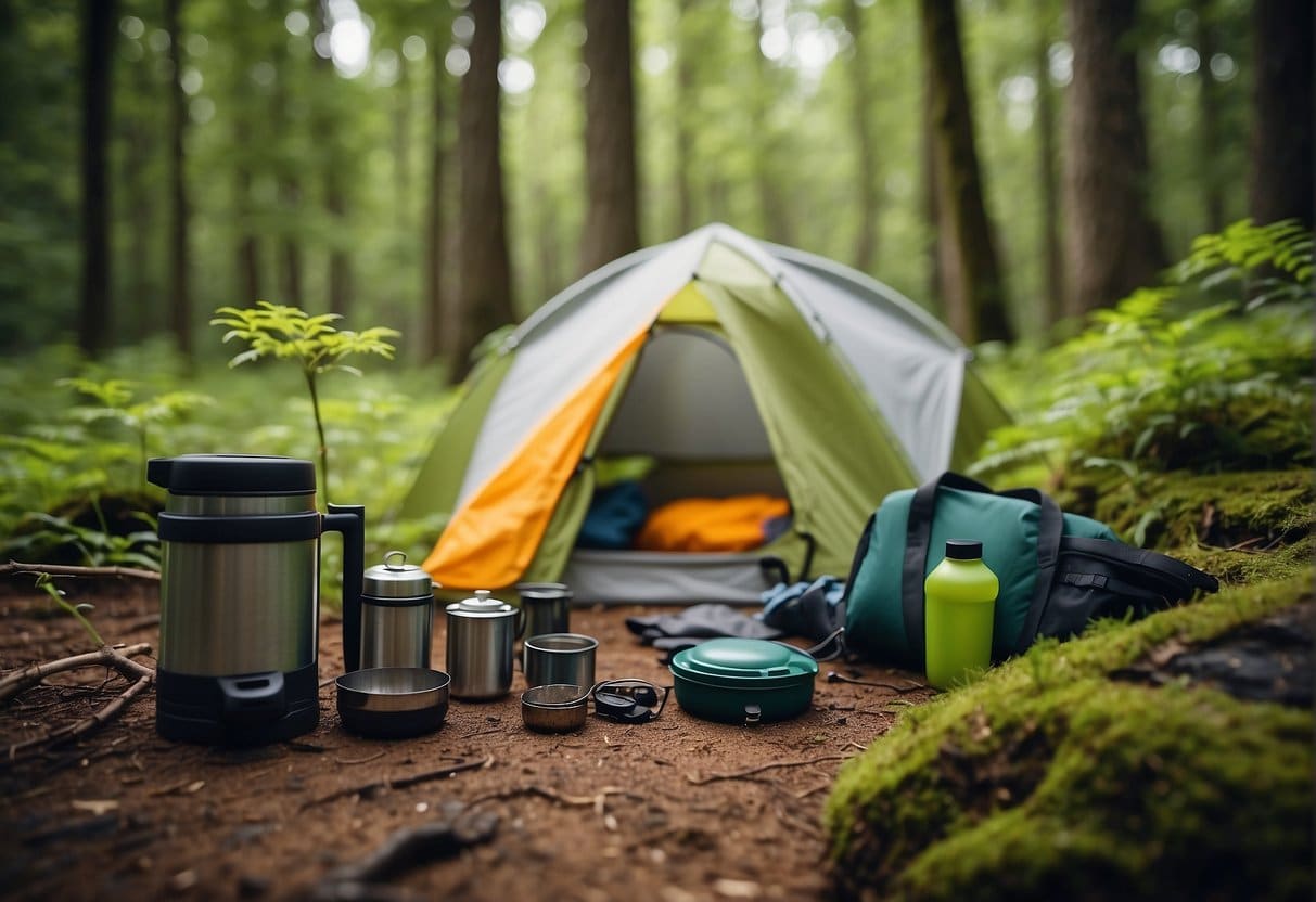 A spring scene with camping gear, surrounded by lush greenery and wildlife, showcasing sustainable and nature-conscious outdoor activities