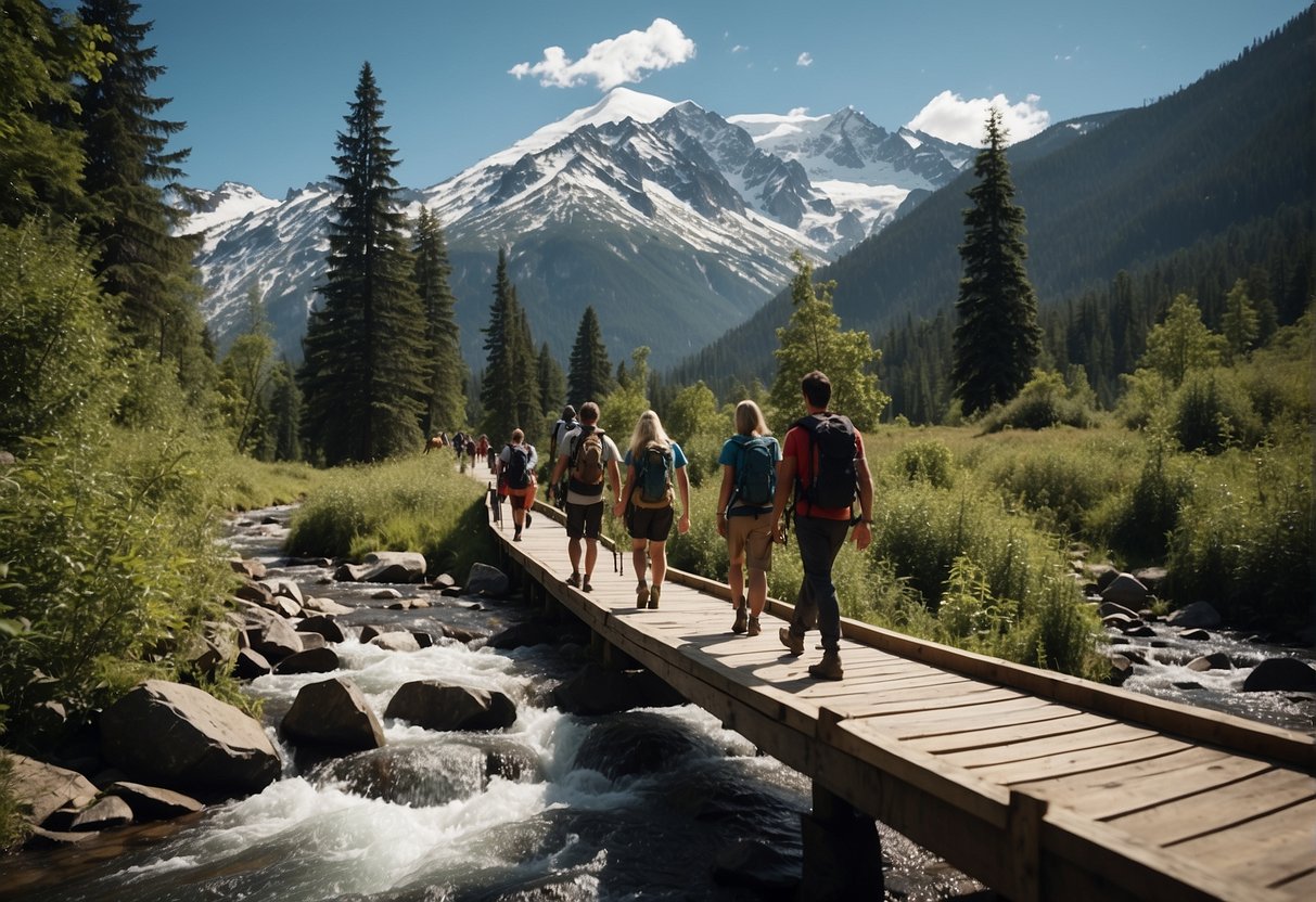 A group of campers hike through a lush forest, crossing a rushing river on a wooden bridge. In the distance, snow-capped mountains rise against the blue sky
