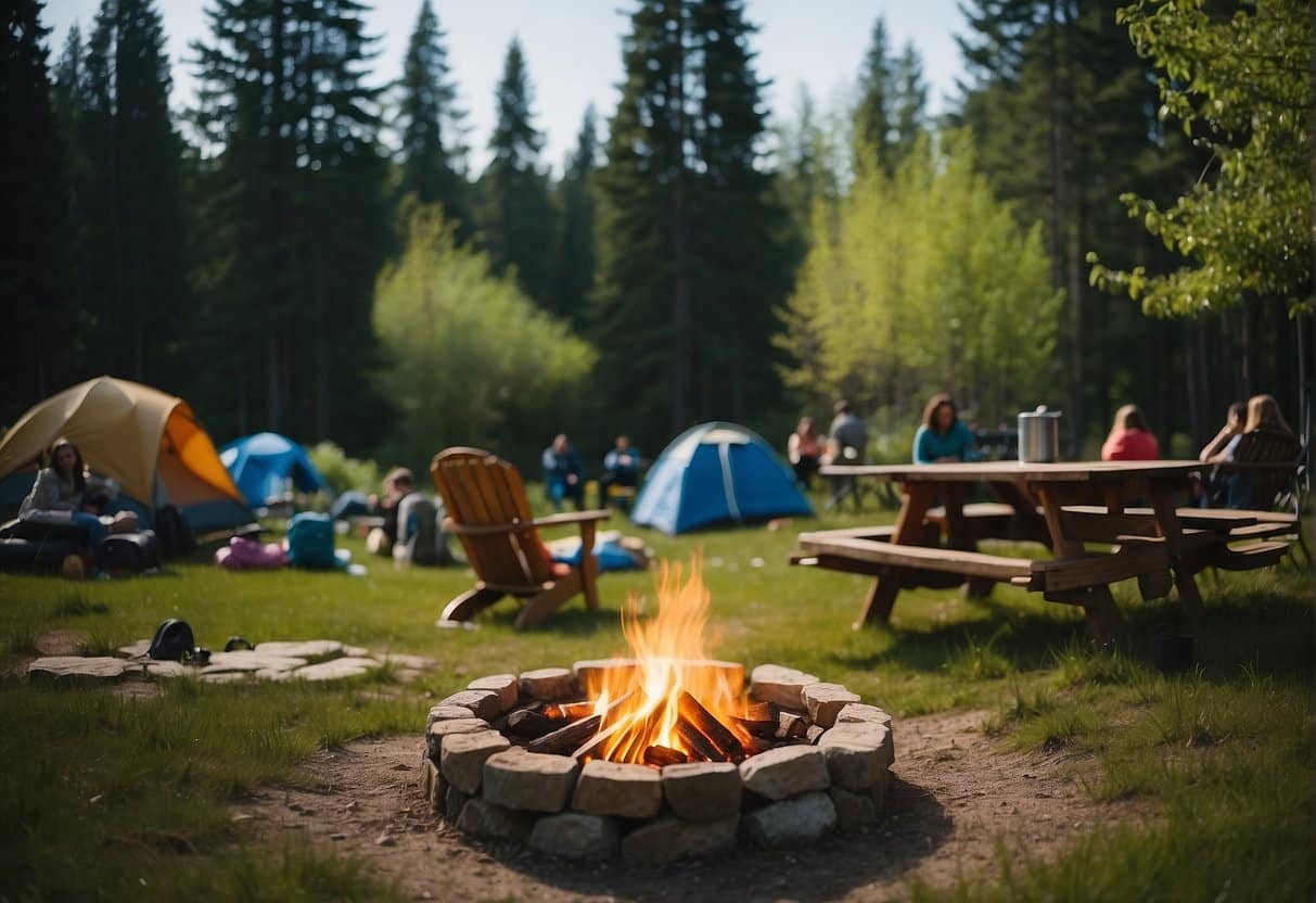 A colorful spring scene with a campsite surrounded by blooming flowers, tall trees, and a clear blue sky. A cozy campfire burns in the center as people engage in various outdoor activities
