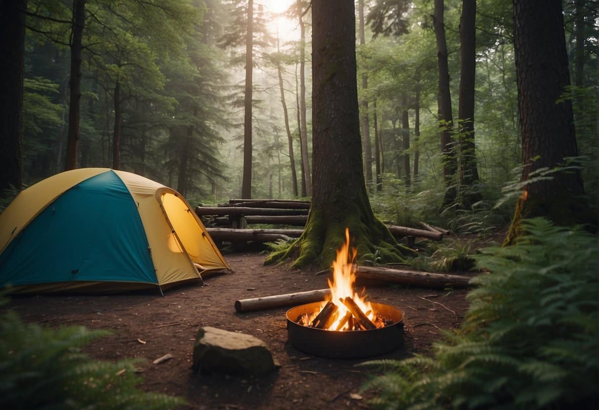 A serene campsite nestled in a lush spring forest, with a crackling campfire, cozy tents, and hikers exploring the surrounding nature trails