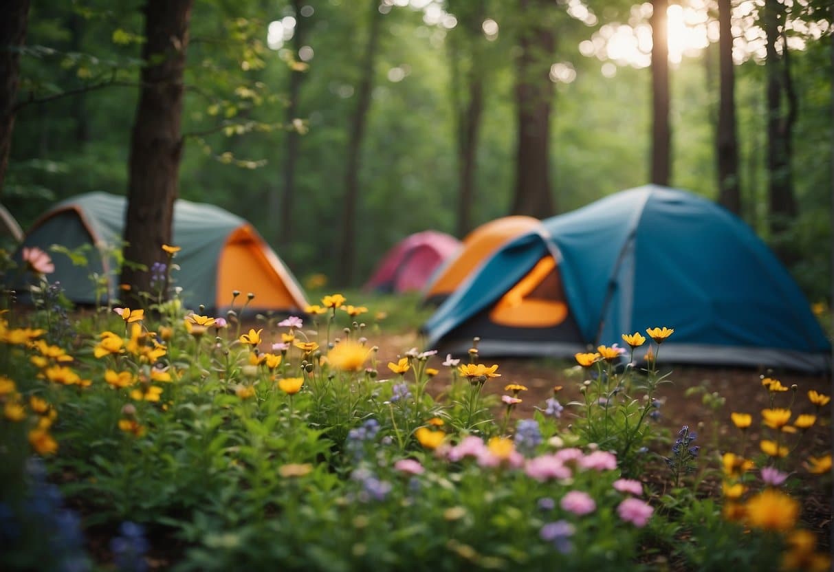 A colorful campsite nestled in a lush, blooming spring forest. Tents, hiking gear, and a crackling campfire set against a backdrop of vibrant greenery and wildflowers