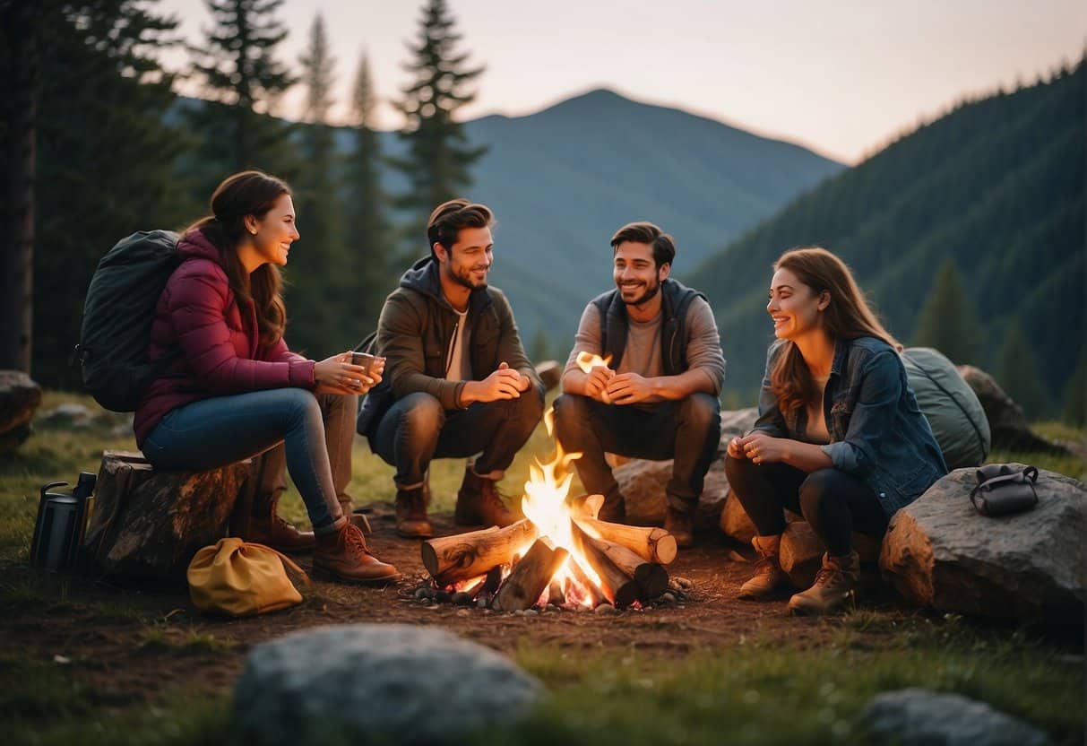 A group of people enjoying outdoor activities at a campsite in the spring. They are hiking, cooking over a campfire, and relaxing in nature