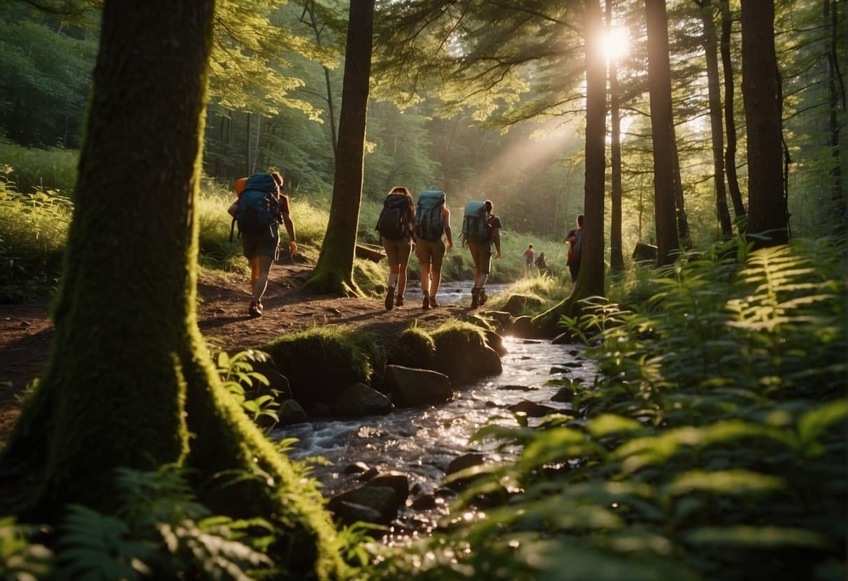 A group of campers hike through a lush, green forest with backpacks and tents, while a stream flows nearby. The sun shines through the trees, casting dappled shadows on the ground