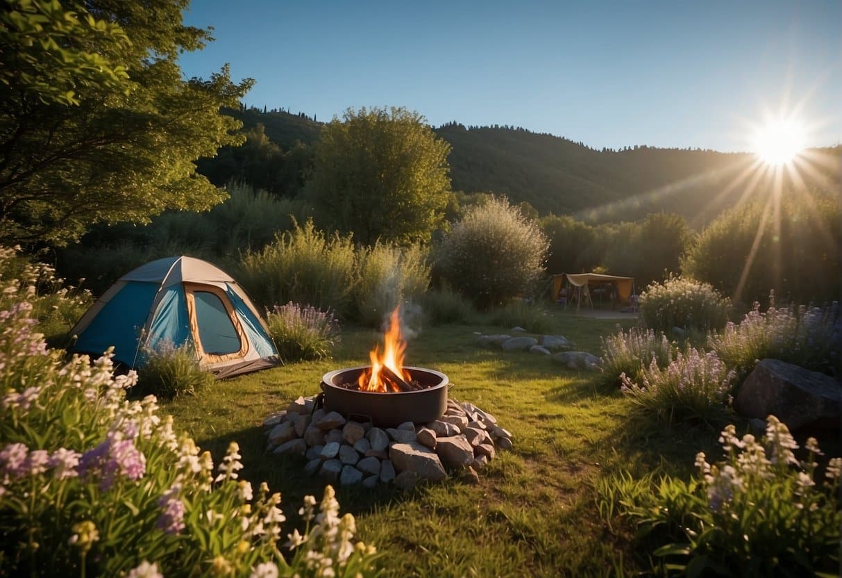 A campsite surrounded by blooming flowers and lush greenery, with a clear blue sky overhead. A tent is set up in the center, and a small campfire burns nearby