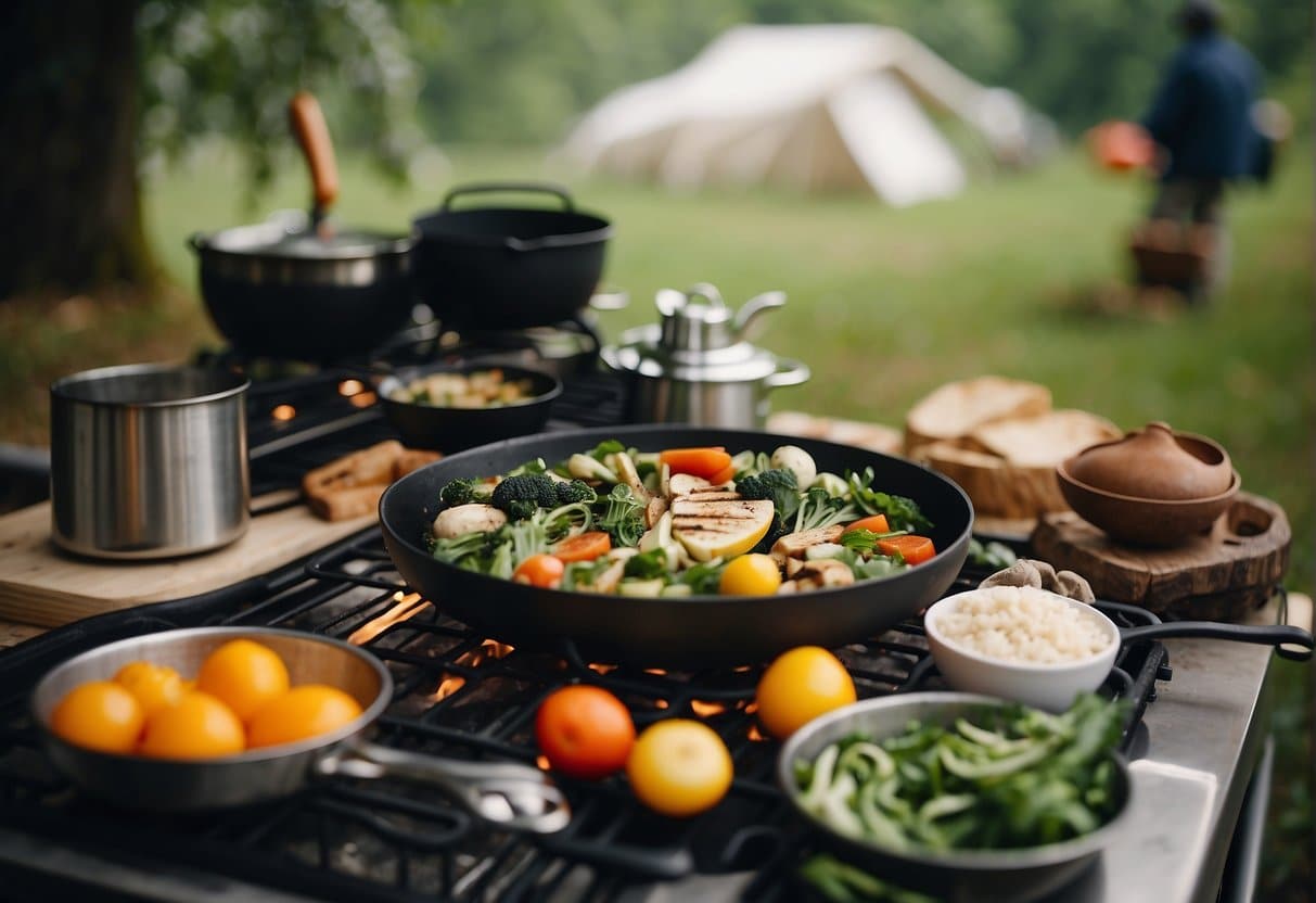 A campsite with a cooking area surrounded by fresh spring ingredients and outdoor cooking equipment