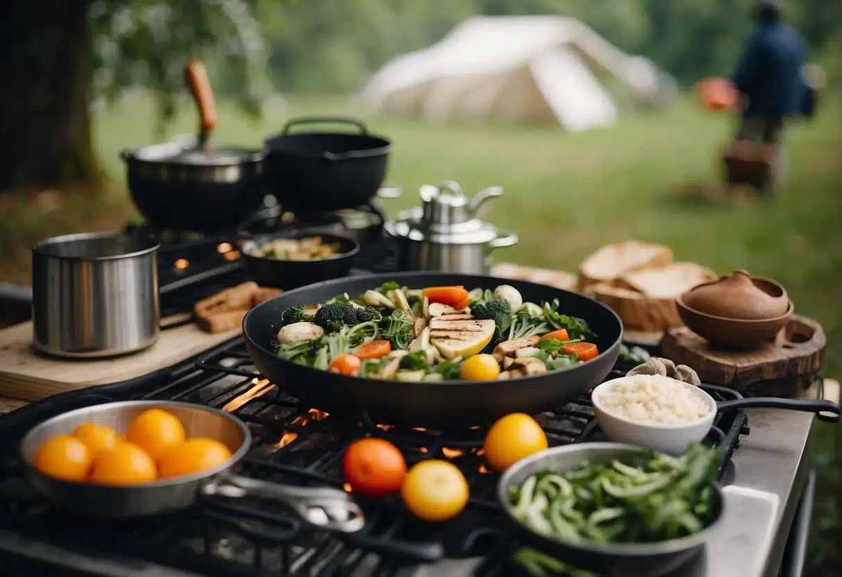 Kochen im Camp: Frische Frühlingsideen für Outdoor-Camping-Köche 3 A campsite with a cooking area surrounded by fresh spring ingredients and outdoor cooking equipment