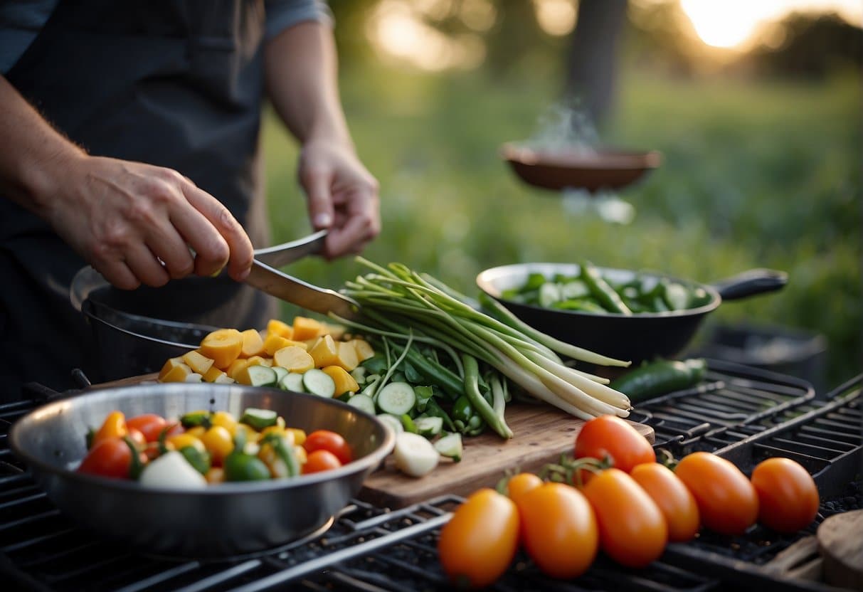 Fresh spring ingredients being prepared in an outdoor camp kitchen. A variety of seasonal vegetables and herbs are being chopped and cooked over a campfire